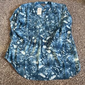 New Style & Co blue and white Printed Pintuck Ruffle Bell 3/4 Sleeve Blouse XS